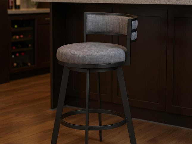 31" Gray and Black Fabric and Steel Low Back Bar Height Swivel Bar Chair