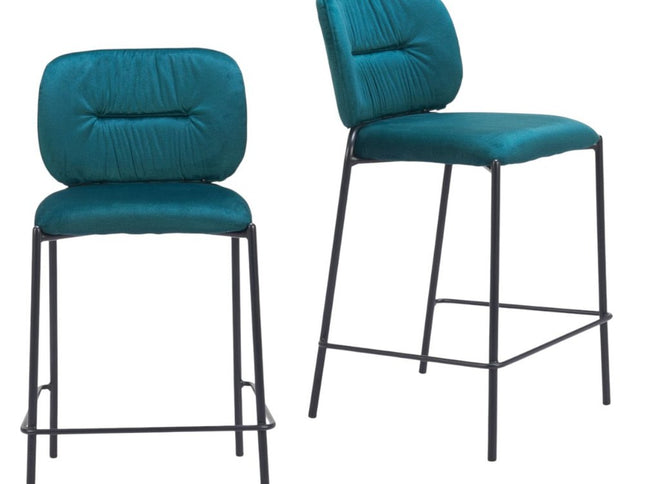 Set of Two 25" Green and Black Velvet and Steel Counter Height Bar Chairs