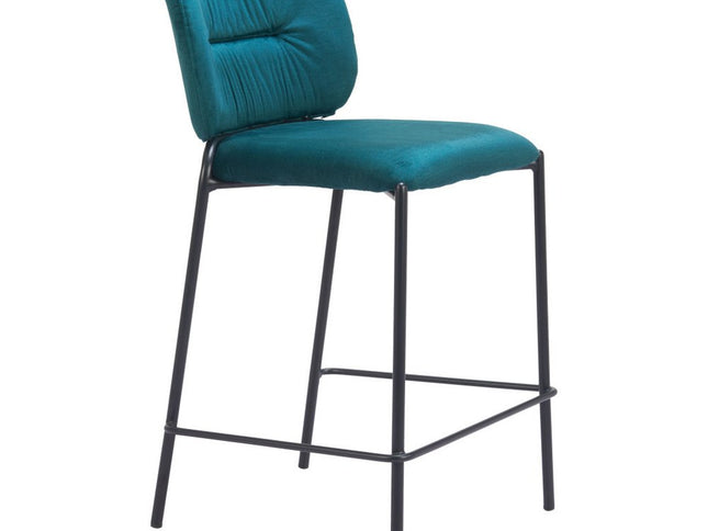 Set of Two 25" Green and Black Velvet and Steel Counter Height Bar Chairs