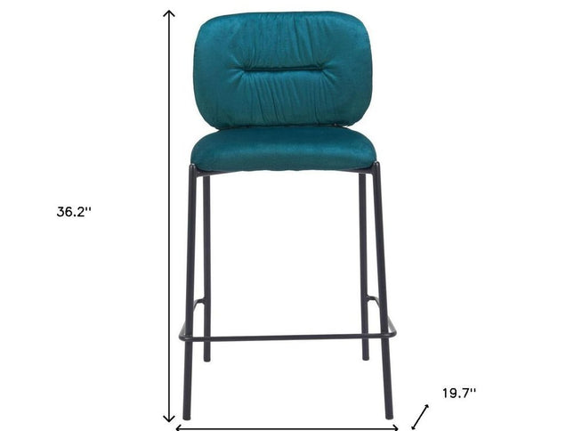 Set of Two 25" Green and Black Velvet and Steel Counter Height Bar Chairs