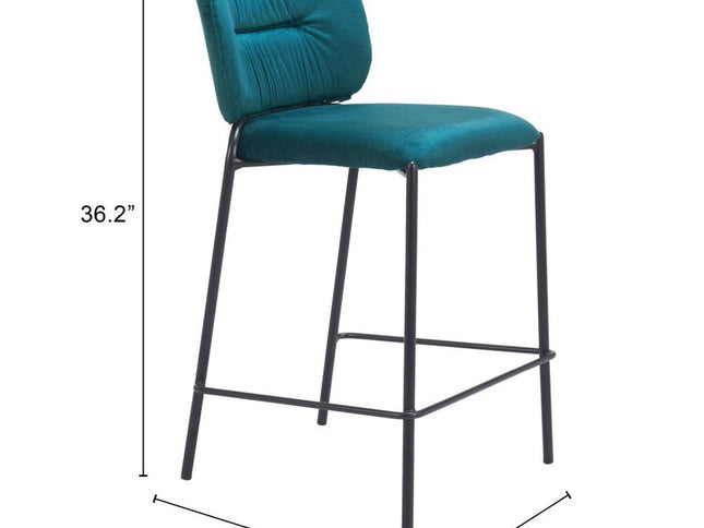 Set of Two 25" Green and Black Velvet and Steel Counter Height Bar Chairs