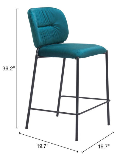 Set of Two 25" Green and Black Velvet and Steel Counter Height Bar Chairs