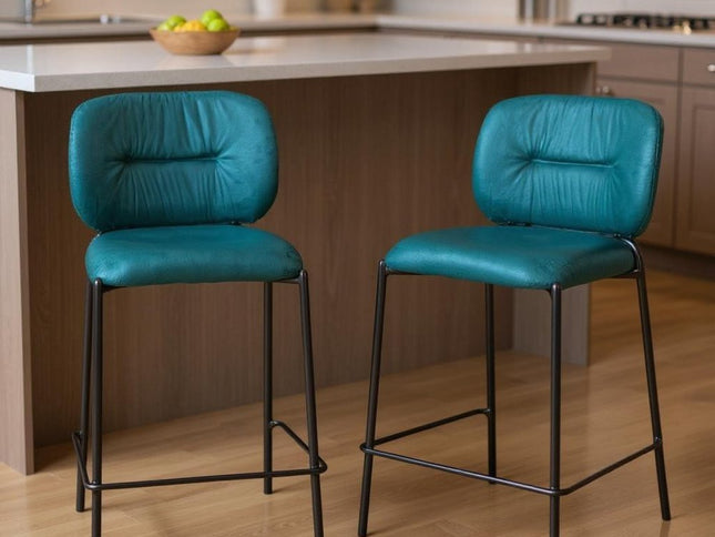 Set of Two 25" Green and Black Velvet and Steel Counter Height Bar Chairs