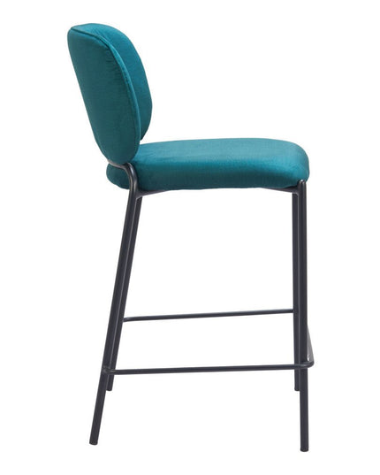 Set of Two 25" Green and Black Velvet and Steel Counter Height Bar Chairs