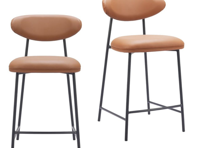 Set of Two 25" Brown and Black Faux Leather and Steel Low Back Counter Height Bar Chairs