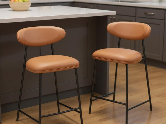 Set of Two 25" Brown and Black Faux Leather and Steel Low Back Counter Height Bar Chairs