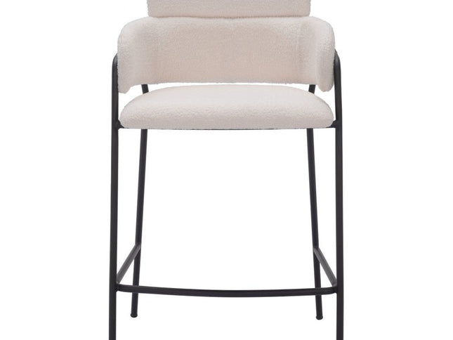 Set of Two 26" Cream and Black Faux Shearling and Steel Counter Height Bar Chairs