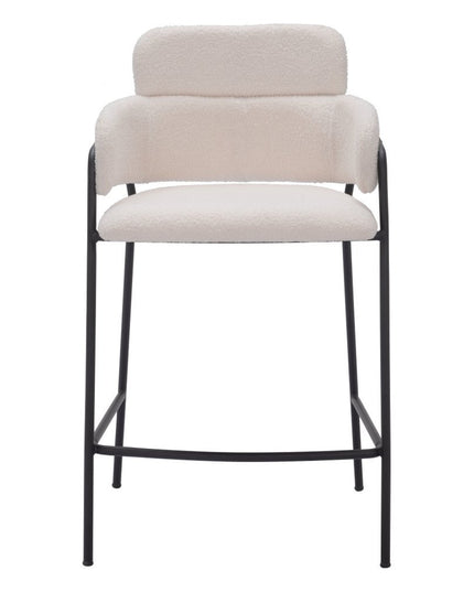 Set of Two 26" Cream and Black Faux Shearling and Steel Counter Height Bar Chairs
