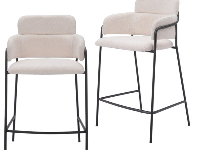 Set of Two 26" Cream and Black Faux Shearling and Steel Counter Height Bar Chairs