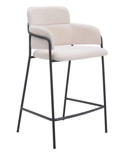 Set of Two 26" Cream and Black Faux Shearling and Steel Counter Height Bar Chairs
