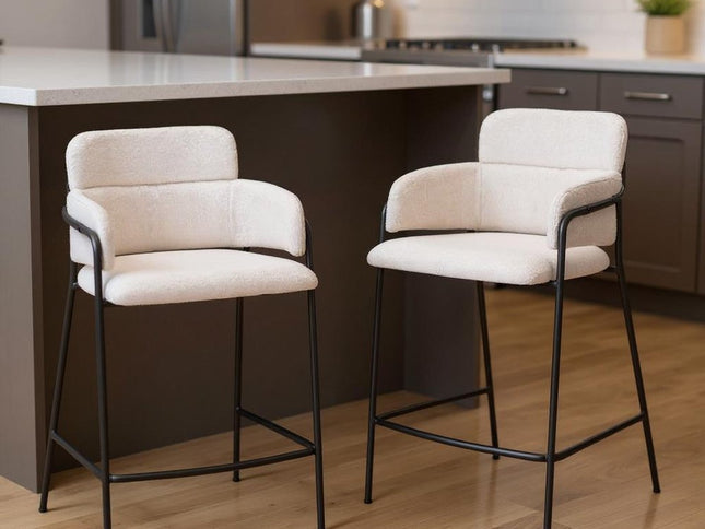 Set of Two 26" Cream and Black Faux Shearling and Steel Counter Height Bar Chairs