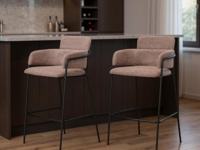 Set of Two 30" Brown and Black Faux Shearling and Steel Bar Height Bar Chairs