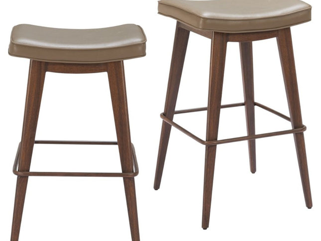 Set of Two 31" Taupe and Walnut Faux Leather and Steel Backless Bar Height Bar Chairs