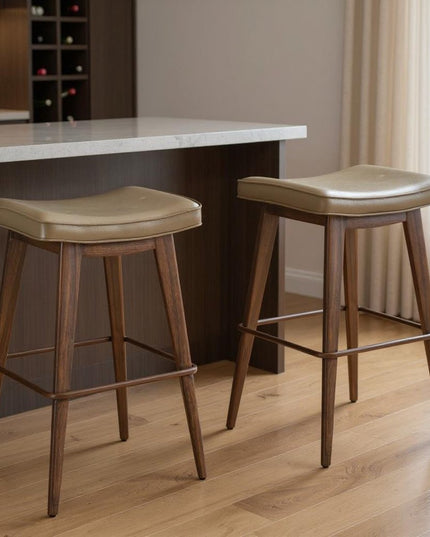 Set of Two 31" Taupe and Walnut Faux Leather and Steel Backless Bar Height Bar Chairs