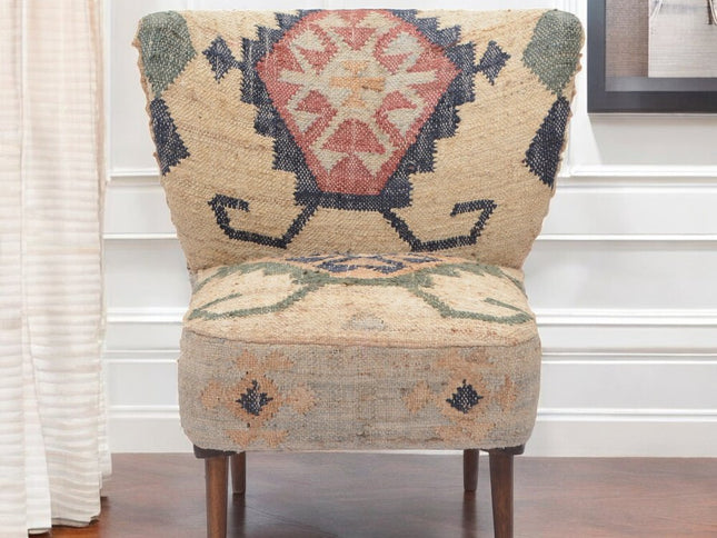 26" Beige Blue and Red  Jute Southwestern Wingback Chair