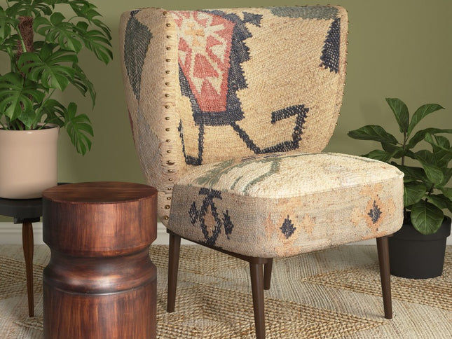 26" Beige Blue and Red  Jute Southwestern Wingback Chair
