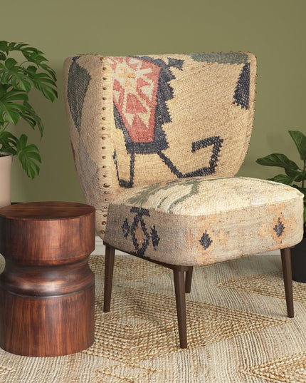 26" Beige Blue and Red  Jute Southwestern Wingback Chair