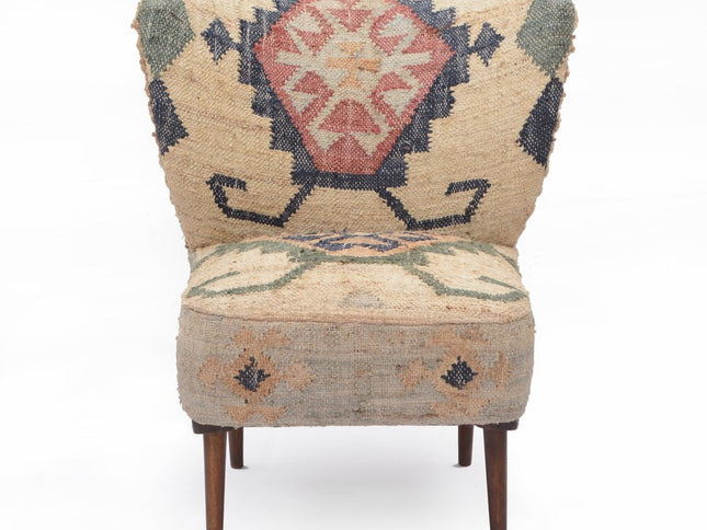 26" Beige Blue and Red  Jute Southwestern Wingback Chair