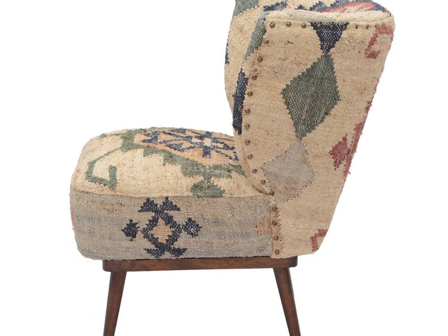 26" Beige Blue and Red  Jute Southwestern Wingback Chair