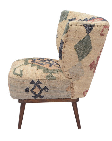 26" Beige Blue and Red  Jute Southwestern Wingback Chair