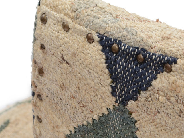 26" Beige Blue and Red  Jute Southwestern Wingback Chair