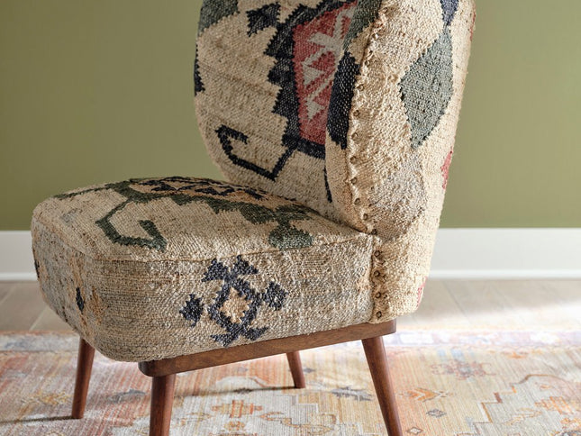 26" Beige Blue and Red  Jute Southwestern Wingback Chair