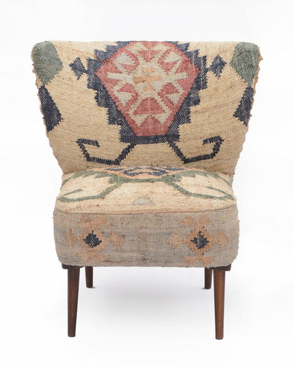 26" Beige Blue and Red  Jute Southwestern Wingback Chair