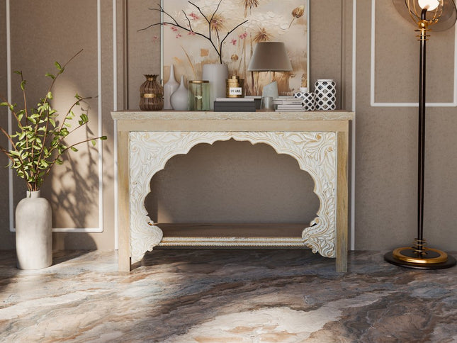 56" Natural Solid Wood Distressed Console Table With Shelf