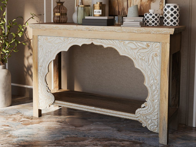 56" Natural Solid Wood Distressed Console Table With Shelf