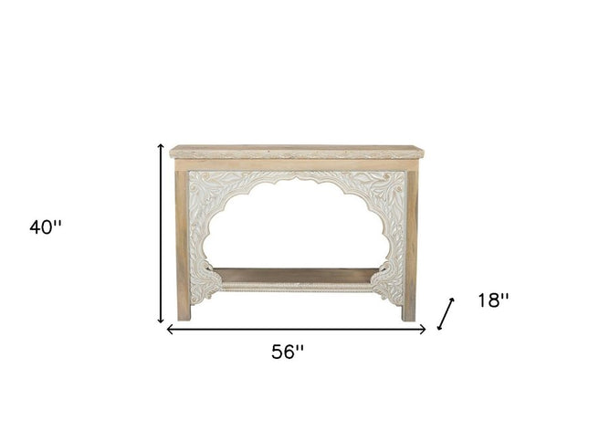 56" Natural Solid Wood Distressed Console Table With Shelf