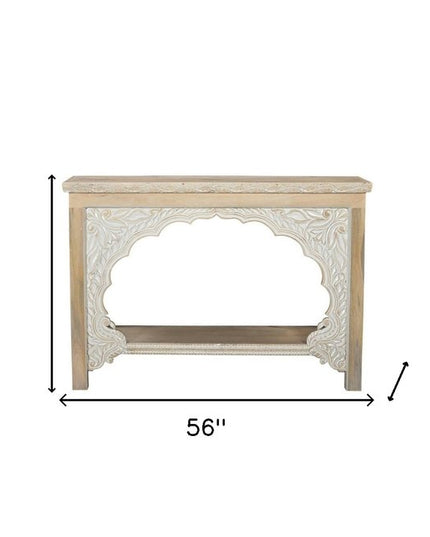 56" Natural Solid Wood Distressed Console Table With Shelf