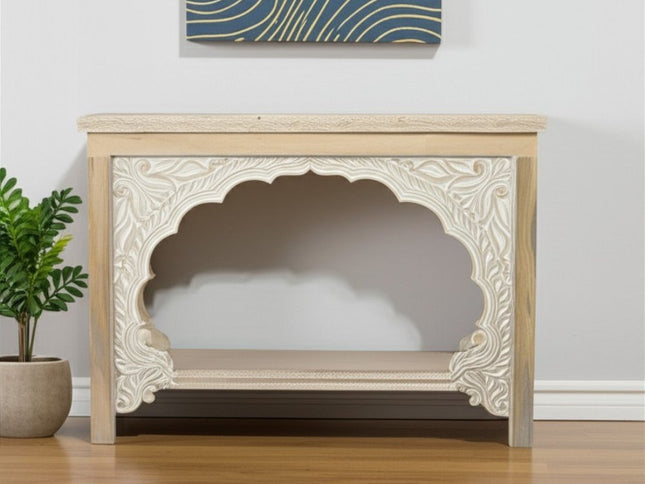 56" Natural Solid Wood Distressed Console Table With Shelf