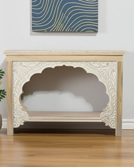 56" Natural Solid Wood Distressed Console Table With Shelf