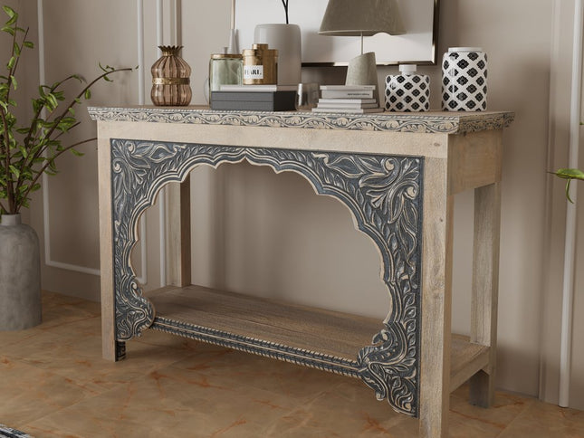 56" Natural and Black Solid Wood Distressed Console Table With Shelf