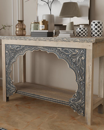 56" Natural and Black Solid Wood Distressed Console Table With Shelf