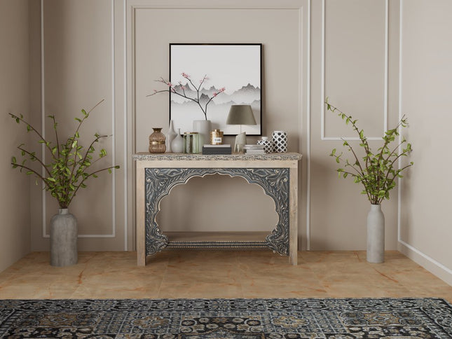 56" Natural and Black Solid Wood Distressed Console Table With Shelf