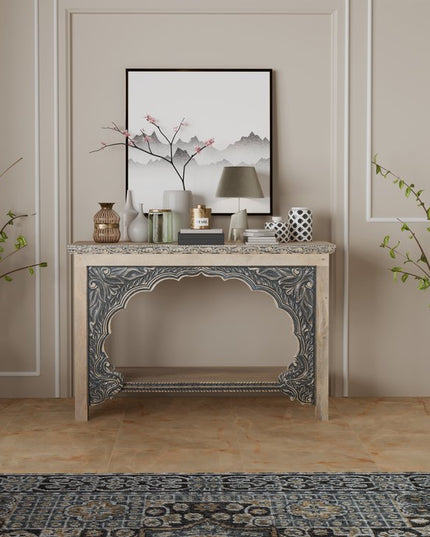 56" Natural and Black Solid Wood Distressed Console Table With Shelf