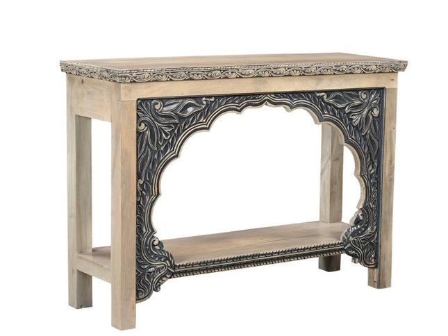 56" Natural and Black Solid Wood Distressed Console Table With Shelf