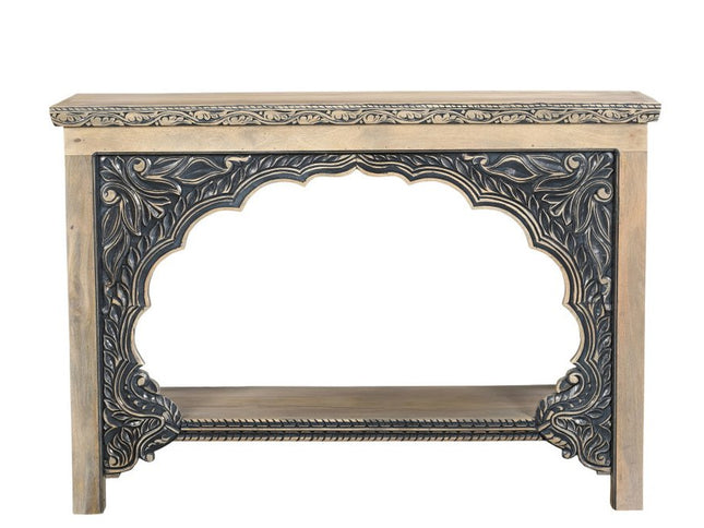 56" Natural and Black Solid Wood Distressed Console Table With Shelf