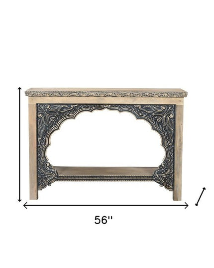 56" Natural and Black Solid Wood Distressed Console Table With Shelf