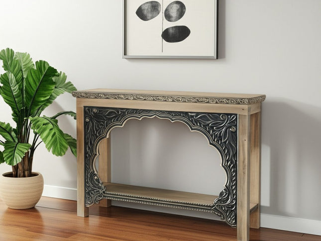 56" Natural and Black Solid Wood Distressed Console Table With Shelf
