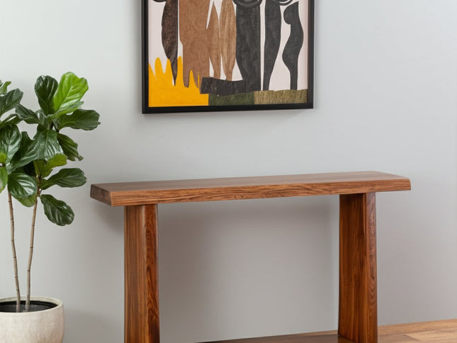 60" Brown Solid Wood Double Pedestal Live Edge Console Table