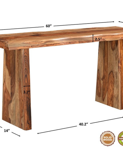 60" Brown Solid Wood Double Pedestal Live Edge Console Table