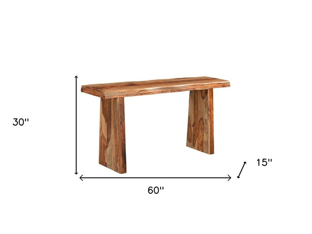 60" Brown Solid Wood Double Pedestal Live Edge Console Table