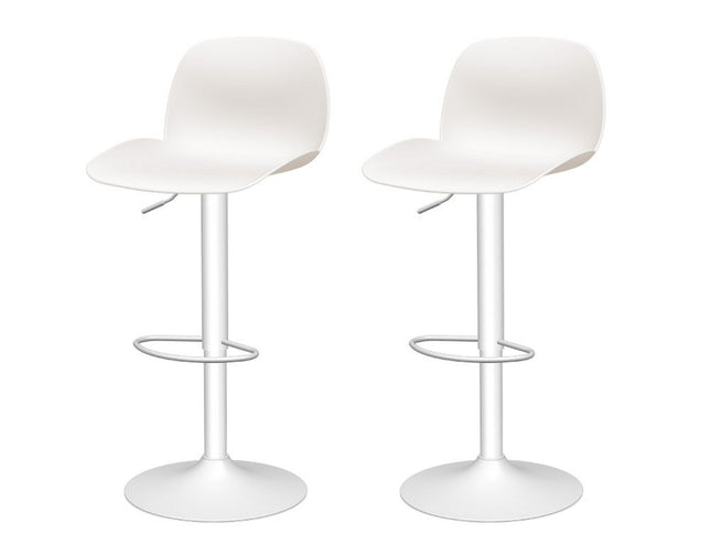 Set of Two White Heavy Duty Plastic and Metal Low Back Adjustable Height Swivel Bar Chairs