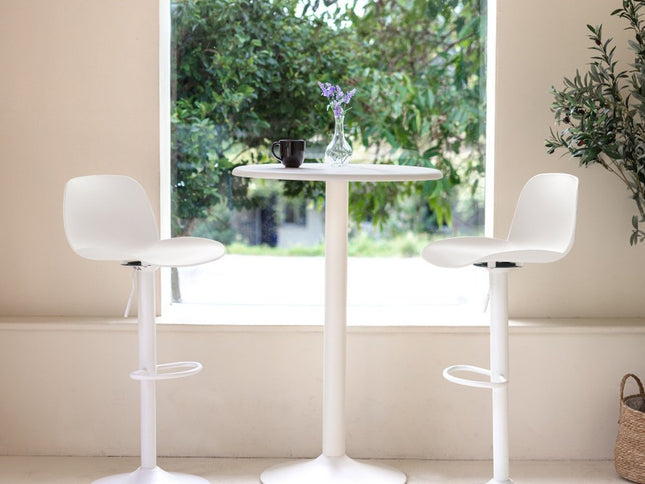 Set of Two White Heavy Duty Plastic and Metal Low Back Adjustable Height Swivel Bar Chairs