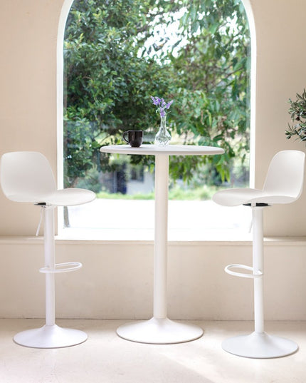 Set of Two White Heavy Duty Plastic and Metal Low Back Adjustable Height Swivel Bar Chairs