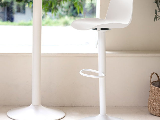 Set of Two White Heavy Duty Plastic and Metal Low Back Adjustable Height Swivel Bar Chairs