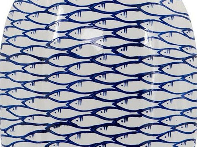 16" Blue And White Fish Print Oval Ceramic Table Vase