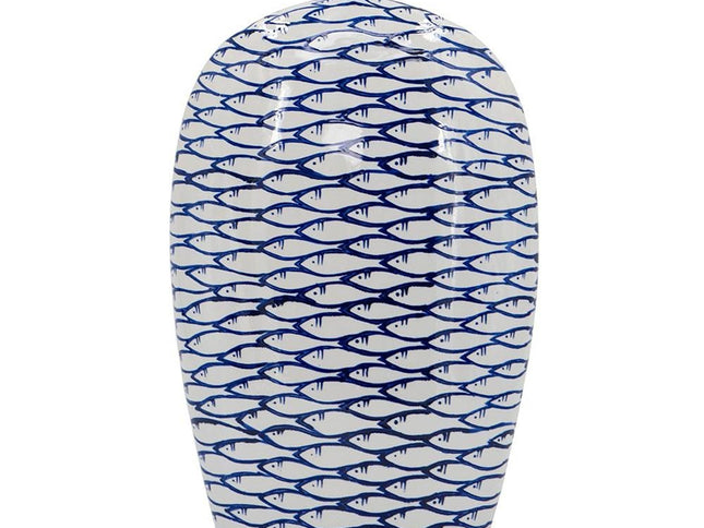 16" Blue And White Fish Print Oval Ceramic Table Vase